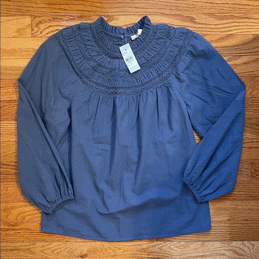 NWT LOFT Smocked Ruffle Detail Peasant Blue Blouse